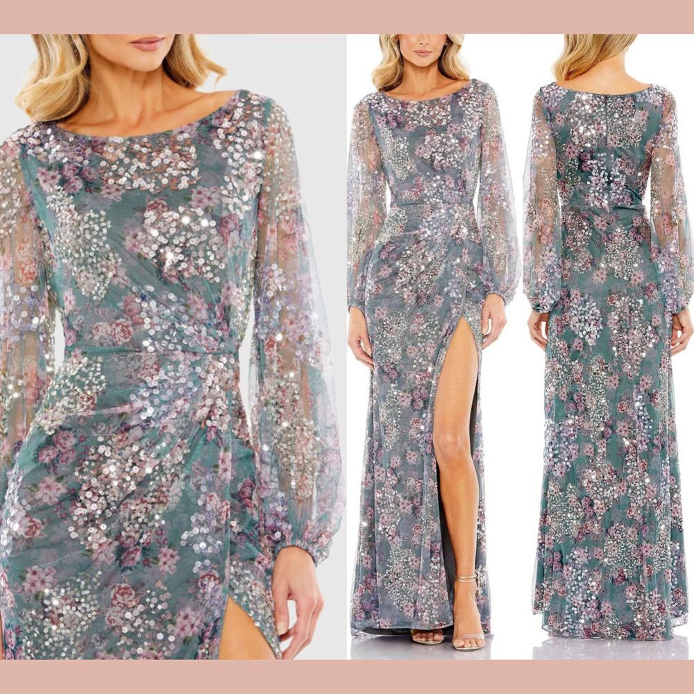 NWT MAC DUGGAL [ 8 ] 93750 Embellished Illusion Long Sleeve Faux Wrap Gown‎ Grey